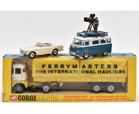 3x Corgi Toys. A Corgi Major Ferrymasters Scammell Handyman Mk.3 Tractor Unit &amp; Trailer (1147), in yellow and white with 