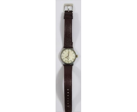 KM marked Alpina wristwatch. Serial 301100. Plated case, brushed finish, 30mm without crown. Fixed bars. Snap caseback, unmar