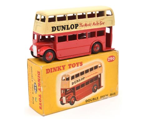 Dinky Toys Leyland Double Deck Bus (290). Example in cream and red with red wheels and black tyres, with Dunlop adverts to si