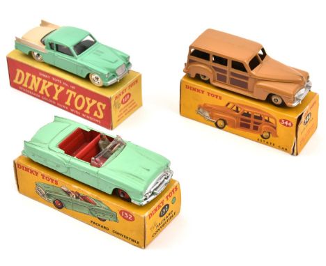 3 Dinky Toys. All American cars - Packard Convertible (132) in light green with red interior and wheels. Studebaker Golden Ha