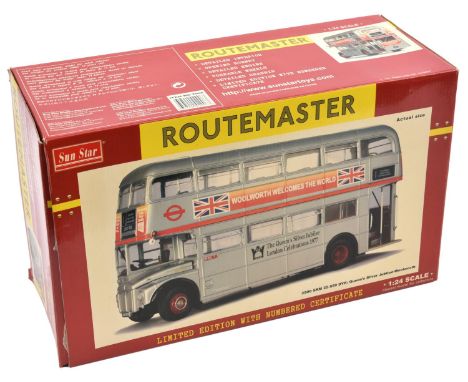 A Sunstar 1:24 scale Routemaster bus. The 1977 Silver Jubilee edition in full silver livery. Destination No.1 to Oxford Circu