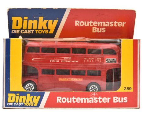 A Dinky Toys Routemaster Bus (289). In red livery, with 'Dunhill International The New Long Cigarette' advertisement to sides