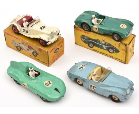 4 Dinky Toys. MG Midget Sports (108), in white with red interior and wheels, RN 28. Connaught (236), in light green with red 