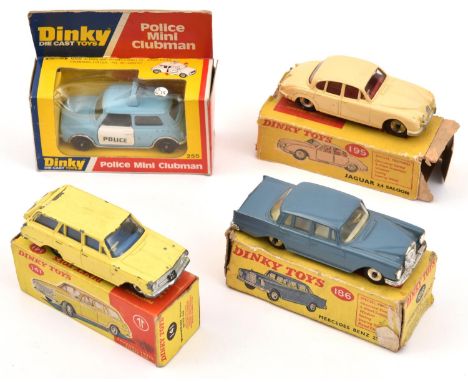 4 Dinky Toys. Jaguar 3.4 saloon (195). In cream with red interior. Vauxhall Victor Estate Car (141). In yellow with blue inte