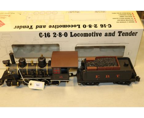 G Scale Aristo-Craft electric East Broad Top Railway Class C16 2-8-0 tender locomotive (ART-80104). In lined black livery, wi