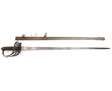 A Geo V Rifle Regt officer's sword,  straight, plated blade 32½”, etched in ornamental panels, on one side with crowned GVR c