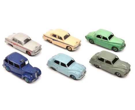 6 Dinky Toys. 2x Austin A105 - 1 in grey with red flash and wheels, the other in cream with blue flash and cream wheels. Rove