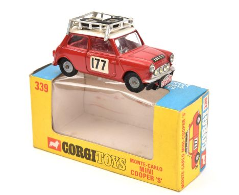 A Corgi Toys Mini Cooper S, Monte-Carlo (339). In red with a white roof and RN177 to doors. Boxed with inner packing and 1967