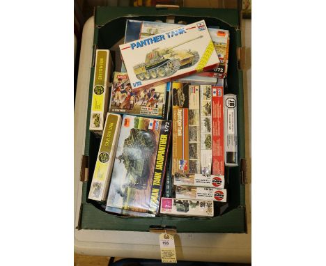 20 unmade military related plastic kits/figures by ESCI, Airfix, Matchbox, Revell, JB, RMM etc. Scale 1:72. Including tanks- 