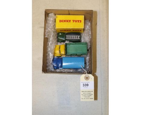 4 Dinky Toys. Dodge Farm Produce Wagon (343) in yellow and green livery, with green wheels. Telephone Service Van (261) in da