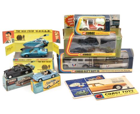 5 Corgi Toys. Riley Pathfinder Police Car (209) in black. Lotus Elan (318) in light metallic blue. Porsche Targa Police Car (