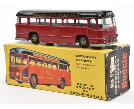 A Budgie Toys Motorway Express (296). In red with black roof, example with 'Birmingham-London Motorway Express' to sides of r