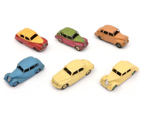 6 Dinky Toys. Rover 75 in cream. Riley in cream with green wheels, Triumph 1800 in mid blue. 2x Austin Devon, in tan with gre