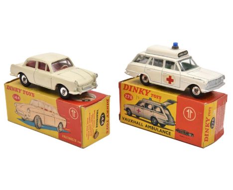 2 Dinky Toys. Volkswagen 1500 (144) in cream with red interior, spun wheels with black tyres. Together with a Vauxhall Ambula