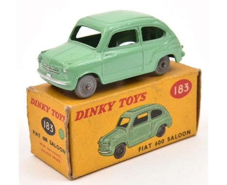 A Dinky Toys Fiat 600 Saloon (183). In light green with smooth grey solid plastic wheels. Boxed, some wear. Vehicle Mint. £40