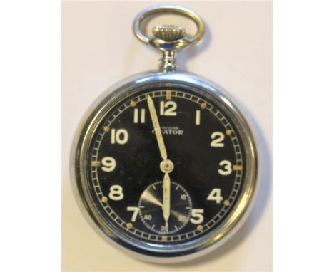 DH marked Orator pocket watch. Plated case, screw back, with three tool indents, light scratches, 51mm diameter. Serial D2197