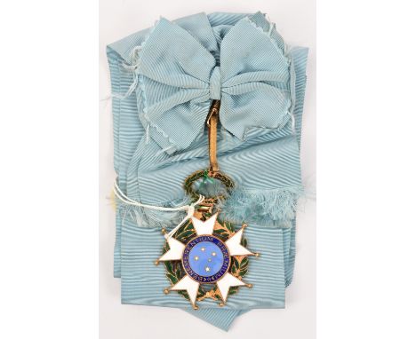 Brazil:  Order of the Southern Cross, sash and sash badge, Type 2, with centre medallion showing 5 white stars on blue enamel
