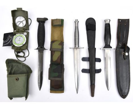 A modern version of a 3rd pattern FS fighting knife; an “Imperial” survival knife marked “Made in USA M-78”; and a modern hun