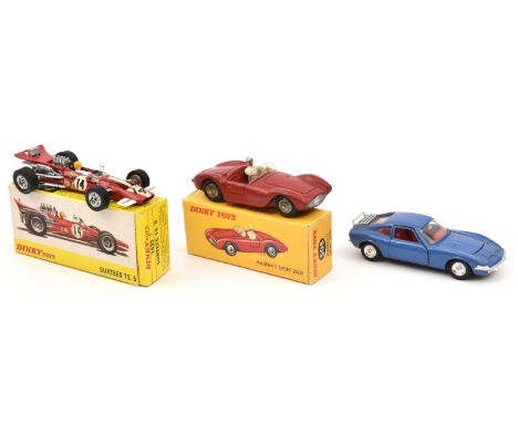 3 French Dinky Toys. Surtees TS5 (1433) single seat racing car in red complete with driver, RN14, boxed. Plus an Opel GT1900 