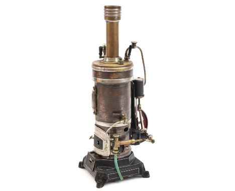 A Bing live steam tinplate vertical steam engine. A single cylinder engine with vertical boiler. Features include a detachabl