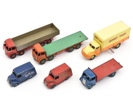 6 Dinky Toys. Bedford Pallet Jekta Van in Dinky Toys yellow and orange livery, 2x Fodens- Flatbed in orange with green loadbe