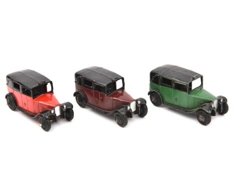 3 Dinky Toys. 3x Taxi (36g). An open rear window example in green and black, with black wheels. Plus two with filled rear win