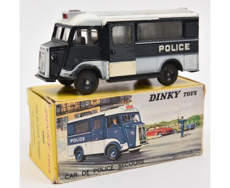 A French Dinky Toys Citroen H series Police van- Car de Police Secours (566). Dark blue and white with painted wheels and wor