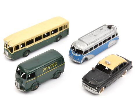 4 French Dinky Toys. Ford Vedette Taxi (24X) in black and cream, with sign to roof. Peugeot D.3A. van (25B) in dark green POS