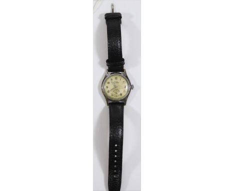 KM marked Zentra wristwatch. Bright plated case, extensive pitting to plating, 30mm in diameter. Screw caseback, serial 50896