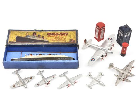 10x Dinky Toys. Including 6x aircraft; Long Range Bomber, Seaplane, Twin Engines Fighter, Shooting Star, Tempest II and Meteo