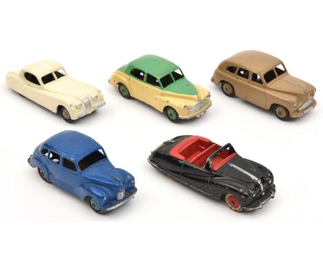 5 Dinky Toys. Jaguar XK120 in white with fawn wheels. Austin Atlantic, in black with red interior and wheels with white tyres