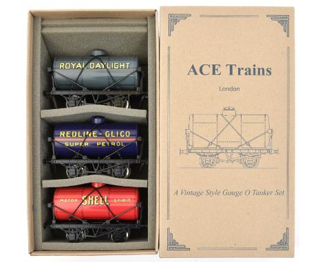 A set of 3 ACE Trains tinplate O Gauge tank wagons. Set No.5, Shell, Redline-Glico and Royal Daylight. Boxed. Contents Mint. 