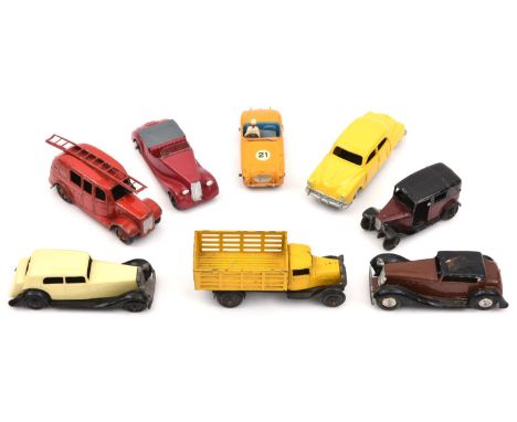 8 Dinky Toys. Austin Healey 100 Sports in deep yellow with blue interior, RN21, with driver. Taxi with closed window, 25 seri