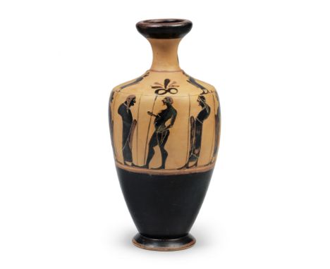  An Attic black-figure lekythos  Attributed to the Phanyllis Group, circa 5th Century B.C.Depicting a central nude male facin