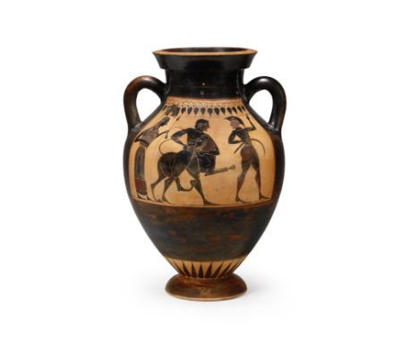  An Attic black-figure amphora (Type B) Attributed to Group E, circa 540 B.C.Side A with Herakles in combat with the Nemean l