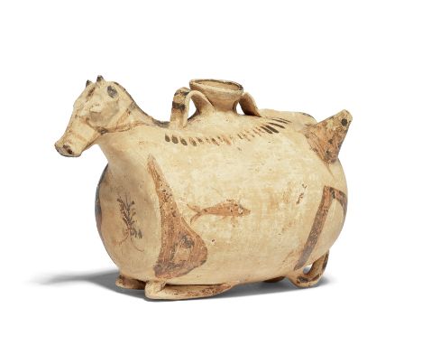  A Greek pottery horse askos Sicily, circa 5th Century B.C.In the form of a recumbent horse, the head with incised snout and 