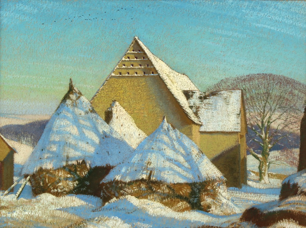 ARR Property of a lady Gerald Gardiner (19021959) WINTER, A BARN AND HAYSTACKS IN THE SNOW