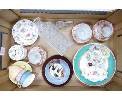 A mixed collection of items to include decorative wall plate, Royal Albert cups and saucers, glass decanter, etc (some damage