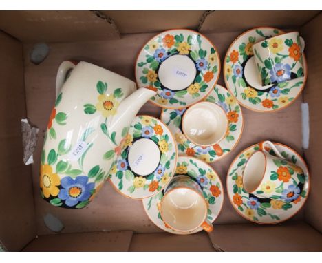 Gray's Pottery hand-painted Art Deco part coffee set consisting of a coffee pot (lid absent), 6 saucers and 4 coffee cans (1 