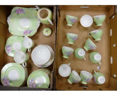 Foley China Gegonia V1773 pattered teaware to include cups, saucers, sugar bowls, cake plates, side plates, tea pot, etc (2 t