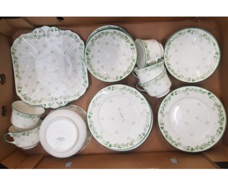 Shelley 'Windsor' patterned tea ware items 5 cups, 11 saucers, 10 side plates, cake plate and a sugar bowl (1 tray). 