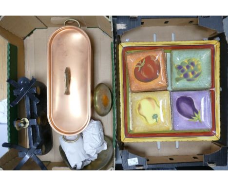 A mixed collection of items to include Reproduction Kitchen Scales &amp; weights, Copper Fish Steamer, large serving platter 