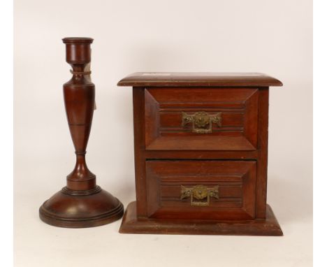 A yew wood candlestick holder together with a dressing table drawers, height of tallest 28cm (2) 