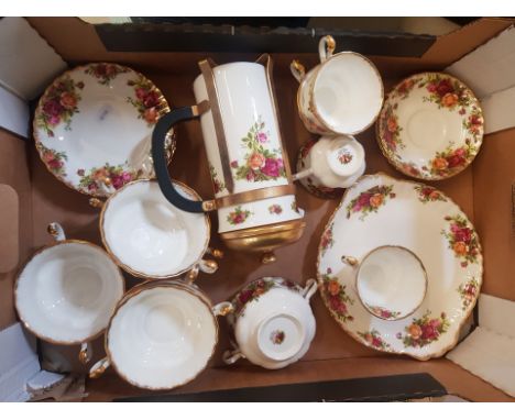 Royal Albert Old Country Roses pattern items to include a cafetiere, 1 cake plate, 6 x soup coups, 6 side plates, 4 cups and 