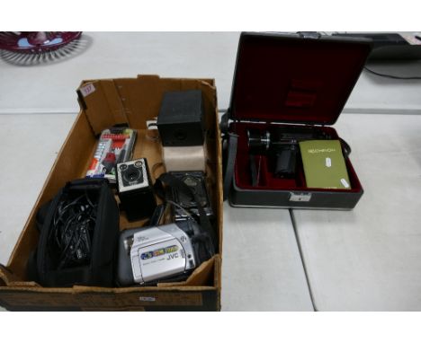 A collection of vintage cameras and video camera's  to include Brownie Model C, Brownie junior no 2, Rajar no6, JVC mini DV, 