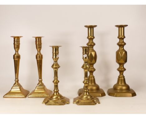 3 pairs of brass candlestick holders one with bill of purchase and sold as 18th century , height of tallest 29.5cm 