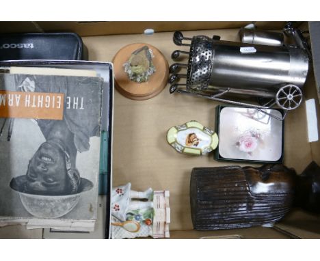 A mixed collection of items to include binoculars, metal utensil holder, continental ceramic figure, lidded trinket pot, to i