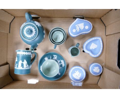 A Mixed Collection of Jasperware Items to include Teal Coloured Dudson Teapot and accompanying Teaware, Wedgwood Blue Jasperw