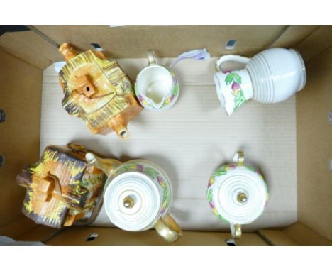 A mixed collection of items to include decorative ironstone tea service &amp; cottage ware type biscuit barrel &amp; tea pot 