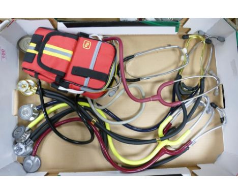 A collection of Medical stethoscopes together with A mixed collection of items to include large resin figures with myth &amp;